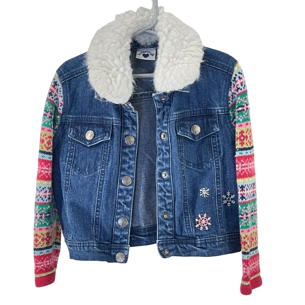 Hartstrings Girl's Denim Jacket Snowflake Fair Isle Sherpa Collar Size 5-6
